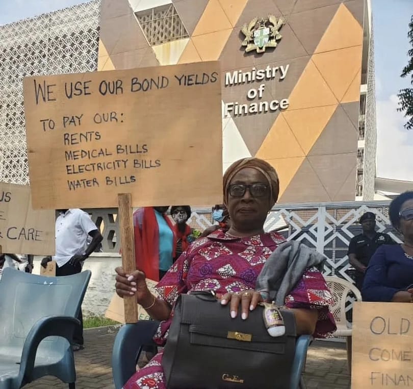 Sophia Akuffo joins pensioners to demonstrate today.