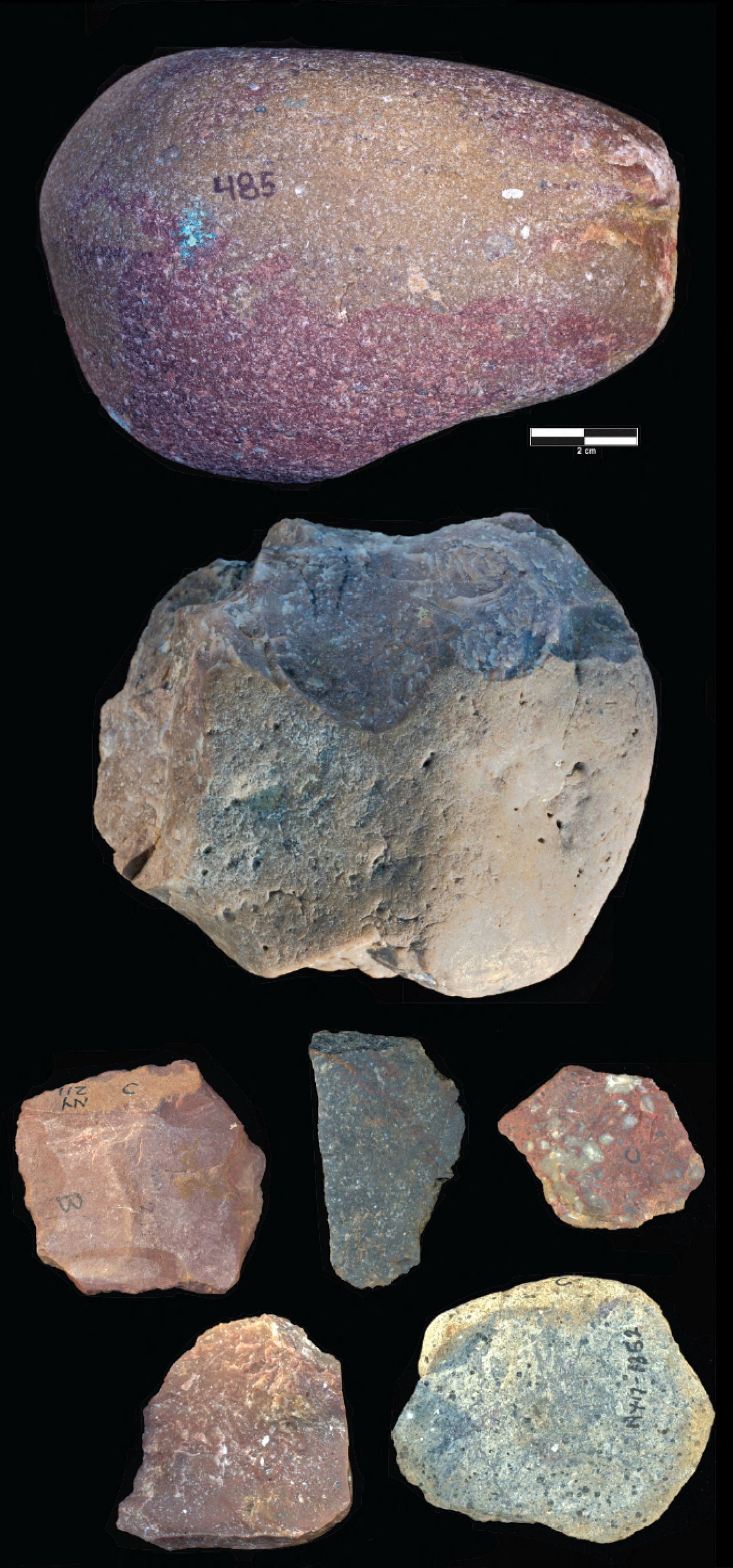 Examples of an Oldowan percussive tool, core and flakes dating from roughly 2.9 million years ago and found at the Nyayanga site in Kenya are seen in this undated handout image. (Top row) Percussive tool found in 2016. (Second row from top) Oldowan core found in 2017. (Bottom rows) Oldowan flakes found in 2016 and 2017. The analysis of wear patterns on 30 of the stone tools found at the site showed that they had been used to cut, scrape and pound both animals and plants.