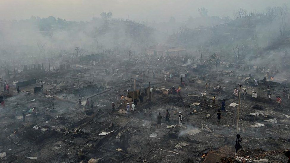 Rohingya refugee camp that has been destroyed after a fire broke out